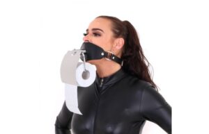 Ballknebel mit angeschraubter Edelstahlplatte als Toilettenpapierhalter