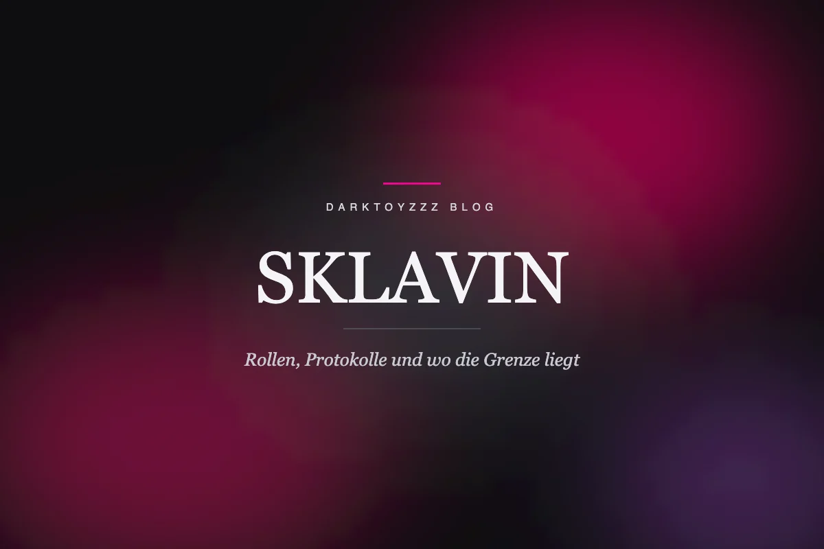 Abstraktes Editorial-Cover in Schwarz mit rotvioletten Lichtfeldern und dem Titelwort Sklavin
